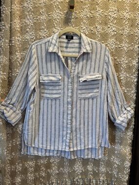 Jones New York Button Down Shirt Size L Blue White Striped 100% Linen Top